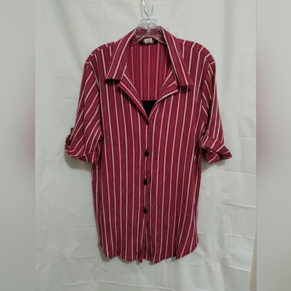 Gloria Lance Womens Top 2X Plus Button Front Short Sleeve Attached Tank Stripe